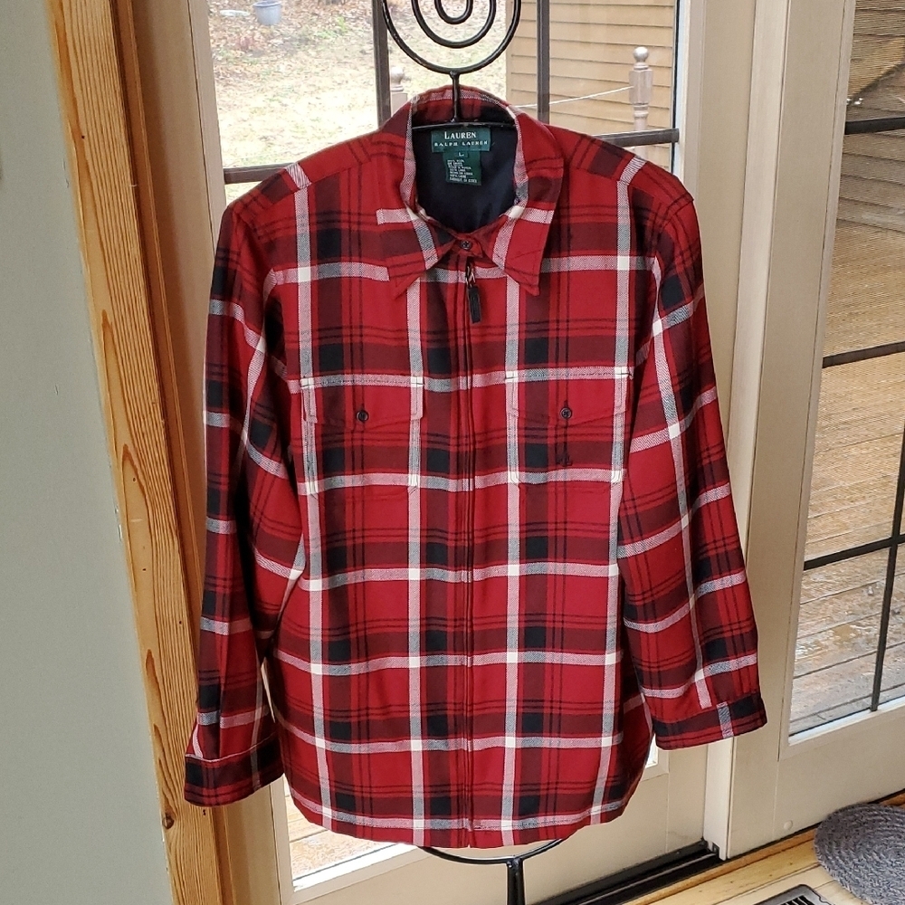 Lauren Ralph Lauren 100% Wool Red Plaid Full Zip Sz. L Jacket with Pockets
